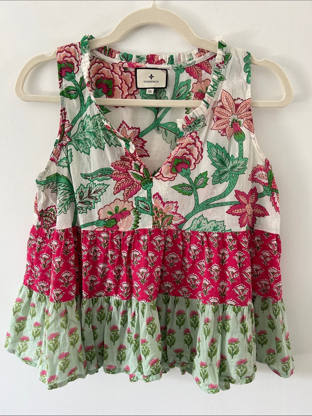 Tuckernuck Salty Paloma Watermelon Bloom Tiered Tank Top Floral Cropped Blouse